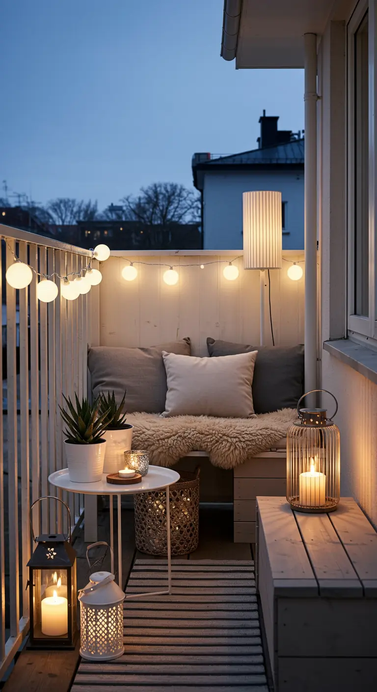 Balcon scandinave avec mobilier blanc et bois clair, guirlandes lumineuses et lanternes.