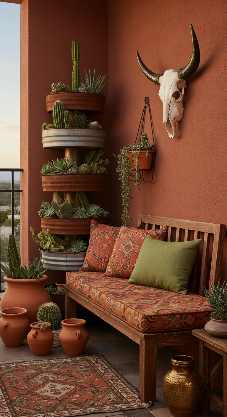 Balcon ambiance désert avec cactus, pots étagés et banquette rustique.