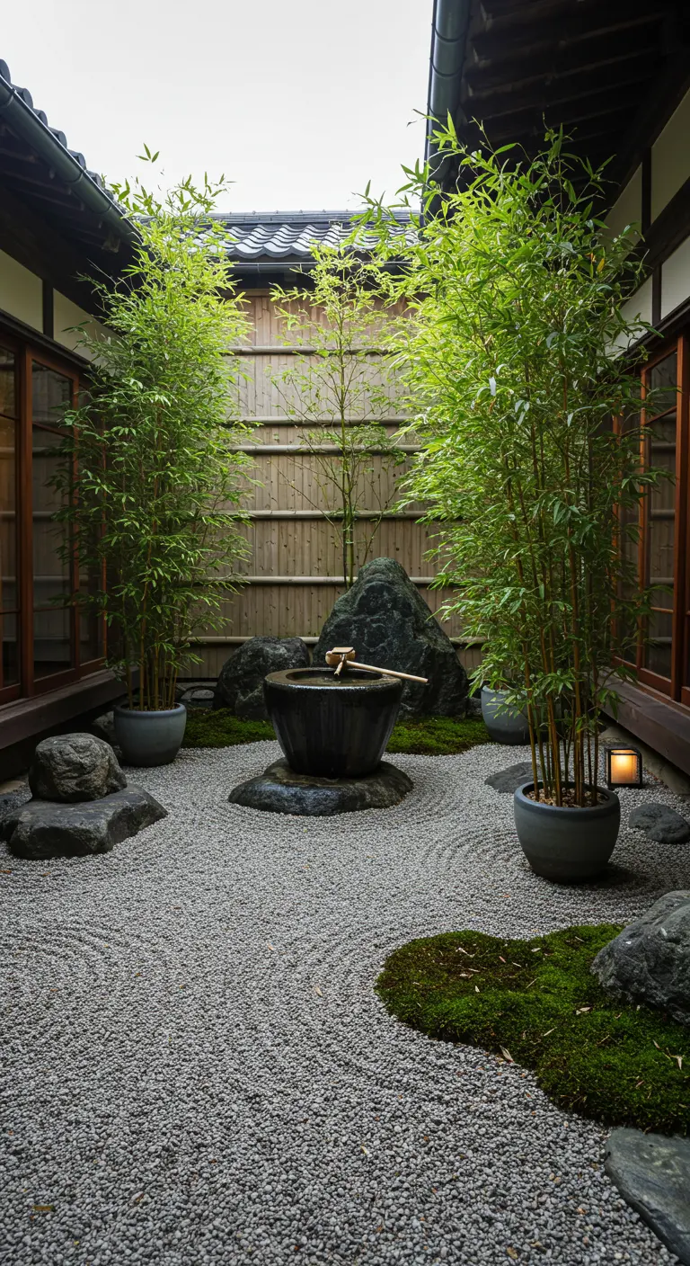 Jardin japonais traditionnel avec gravier ratissé, rochers, mousse, bambous en pots et lanterne.