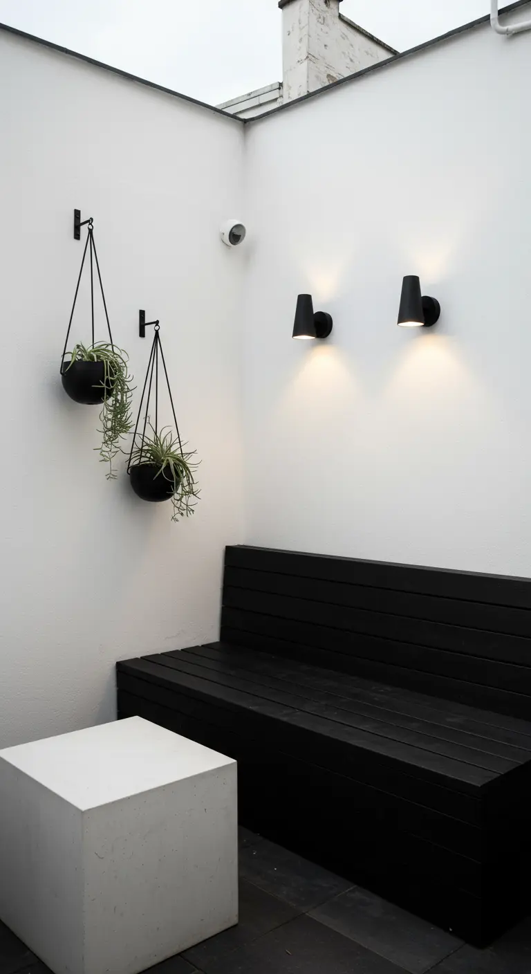 Balcon minimaliste noir et blanc, banquette noire, cube en béton, plantes suspendues et appliques murales design.