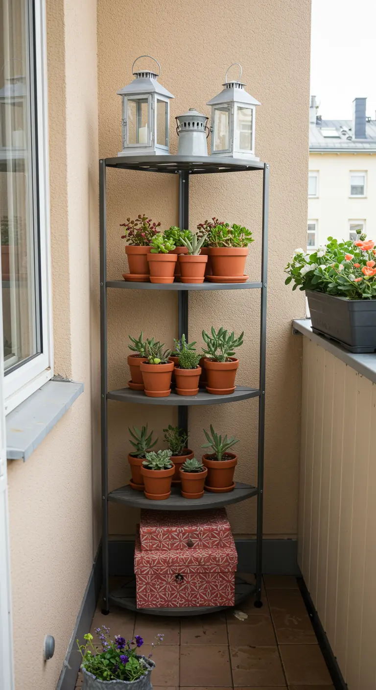 Étagère d'angle grise remplie de petits pots en terre cuite et de lanternes sur un balcon.