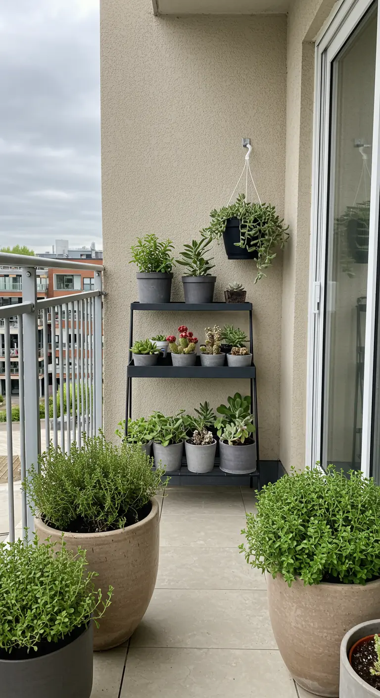 Balcon avec étagère métallique, pots d'herbes aromatiques et succulentes, plante suspendue.