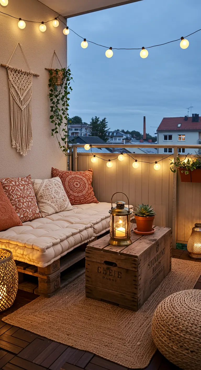 Balcon cosy avec canapé en palettes, table basse en caisse en bois, guirlande lumineuse.