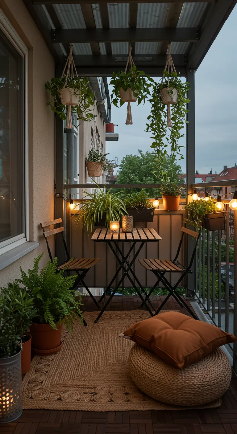 Balcon cosy le soir avec plantes suspendues, table, chaise, pouf, tapis en jute et guirlandes lumineuses.
