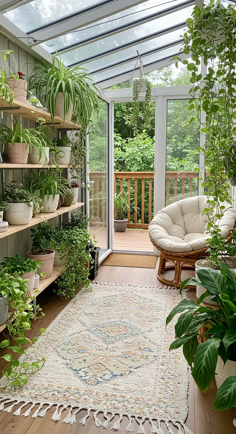 Véranda lumineuse avec fauteuil rond, tapis moelleux, et étagères remplies de plantes vertes.