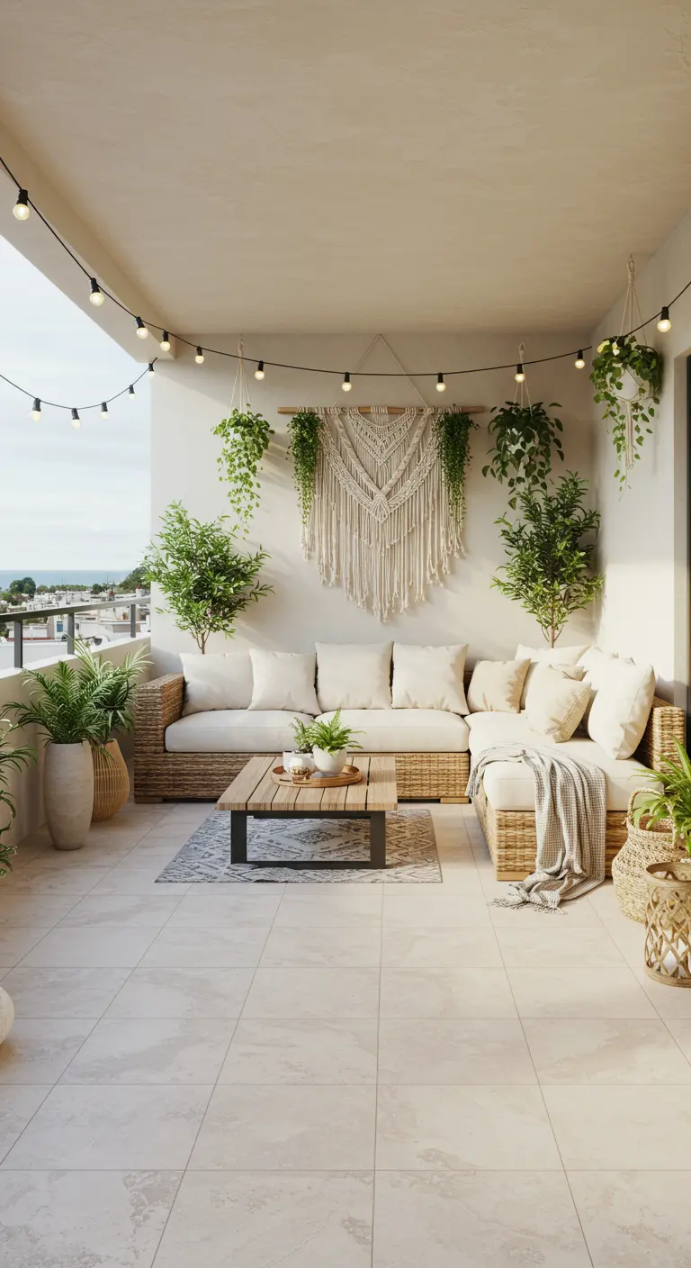 Terrasse spacieuse avec salon d'angle en rotin, macramé mural et nombreuses plantes.