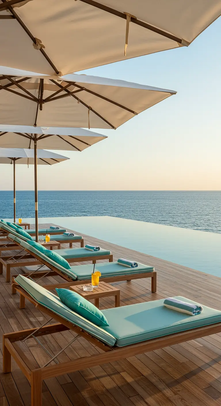 Transats en bois clair avec coussins turquoise, parasols blancs, piscine à débordement face à l'océan.