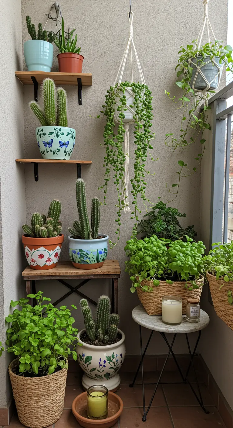 Balcon bohème avec cactus, herbes, string of pearls suspendu, paniers tressés et bougies.