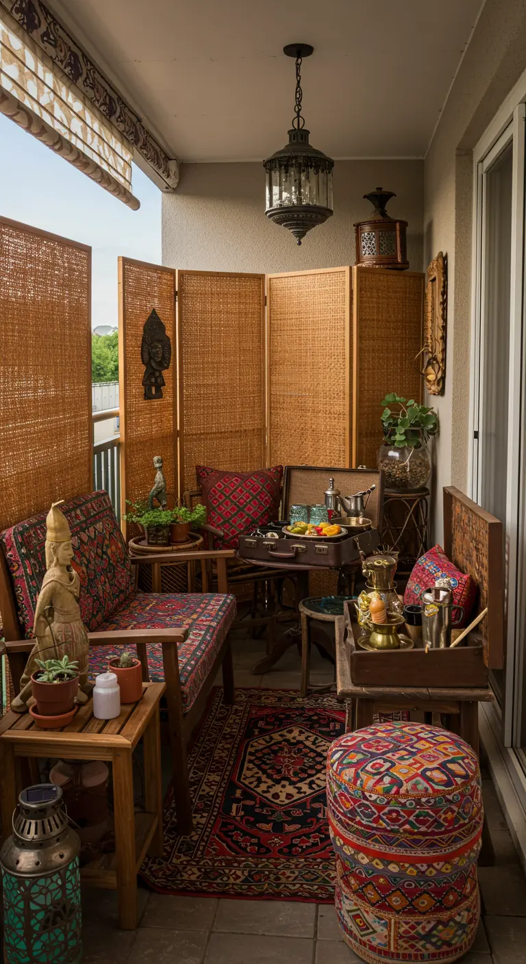 Petit balcon décoré dans un style bohème avec paravents en rotin, meubles bas, coussins et objets décoratifs orientaux.