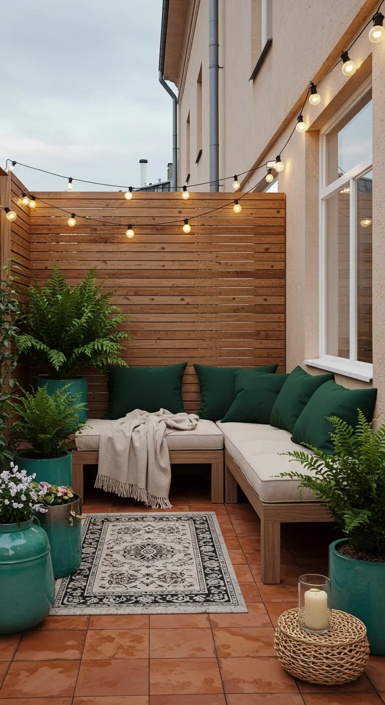 Terrasse cosy avec clôture en bois, guirlandes lumineuses, fougères dans des pots turquoise et un tapis.