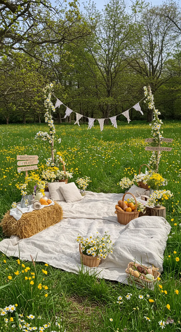 Pique-nique de Pâques dans un champ de fleurs sauvages avec plaid, paniers, et décorations florales rustiques.