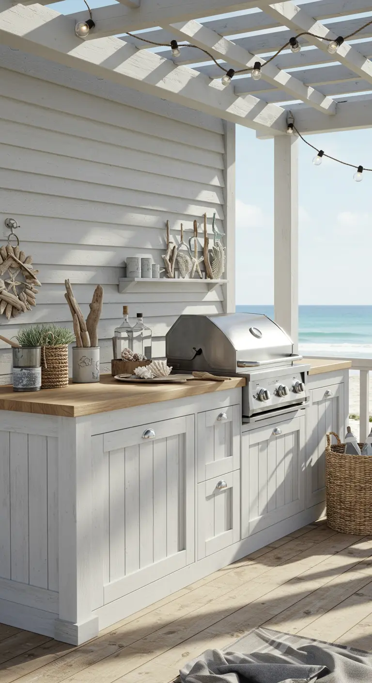 Cuisine extérieure blanche de style côtier avec barbecue, comptoir en bois, décor marin et vue sur l'océan.