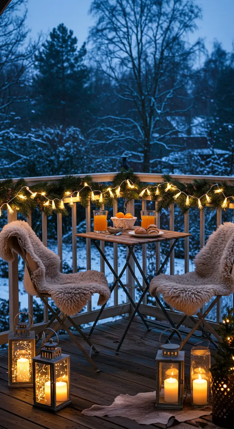 Balcon enneigé décoré de guirlandes lumineuses, de peaux de mouton sur les chaises et de lanternes avec bougies LED.