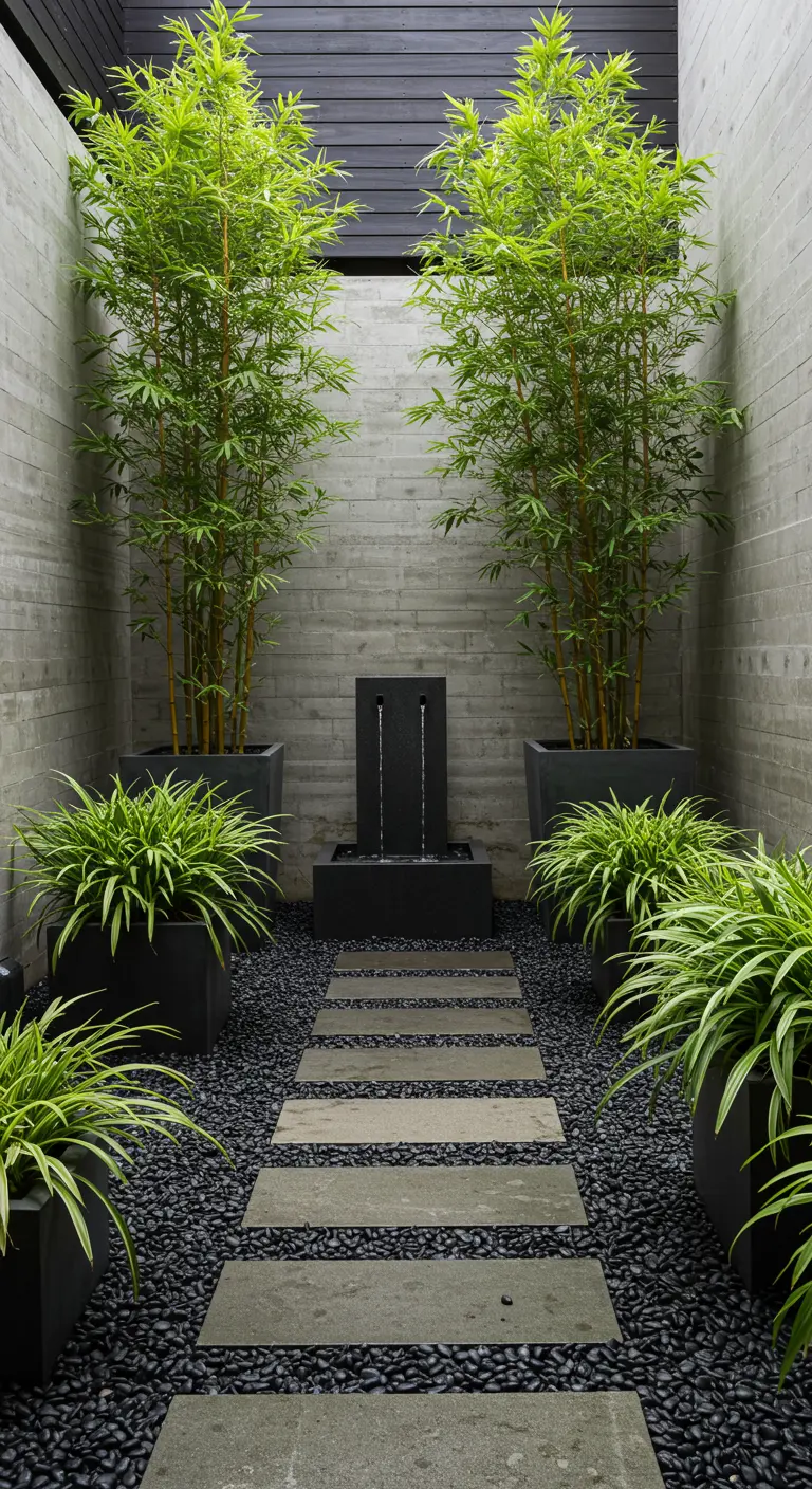 Jardin japonais avec bambous en pots, fontaine murale, galets foncés et dalles de pas.