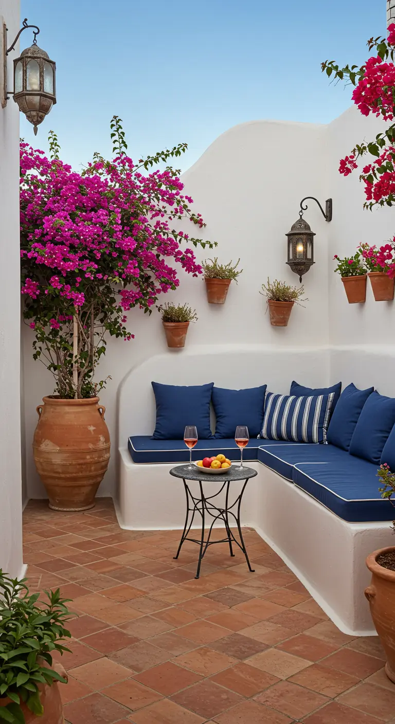 Patio méditerranéen blanc avec banquette bleue, bougainvillier fuchsia et carreaux de terre cuite traditionnels.
