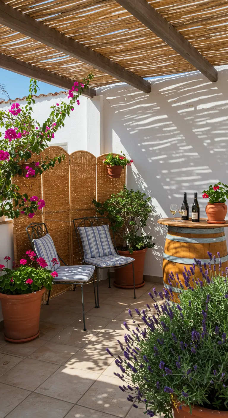 Grande terrasse ensoleillée avec paravent en rotin, pergola en bambou, bougainvillier et lavande en pot.