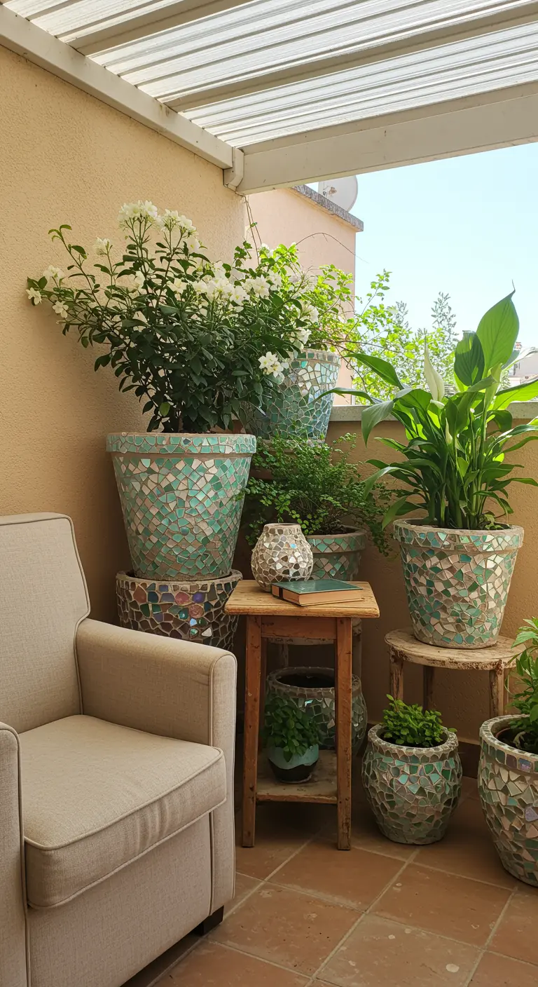 Coin de balcon avec des pots mosaïque verts et blancs, plantes variées, petite table en bois et fauteuil.