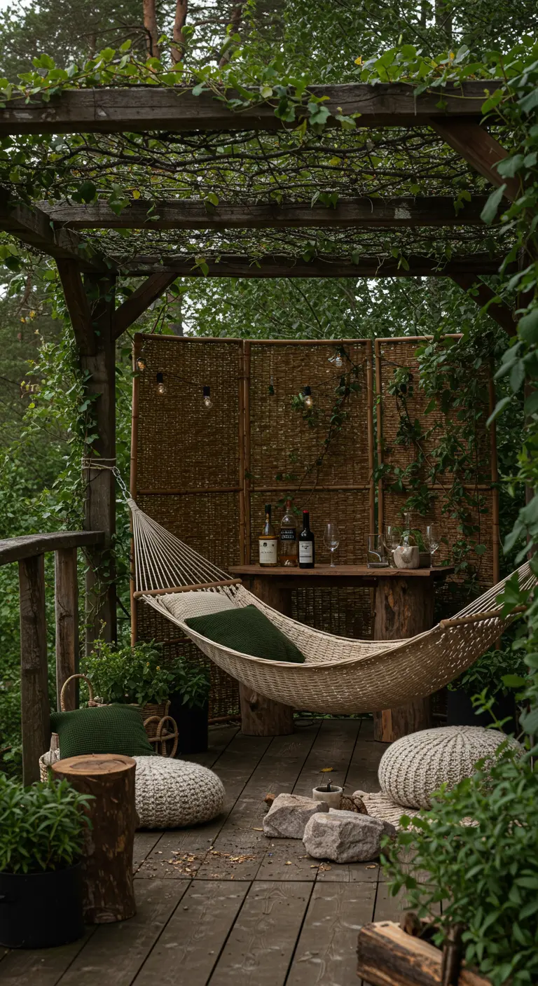 Terrasse en bois dans un cadre boisé avec pergola, hamac, table rustique et lumières.