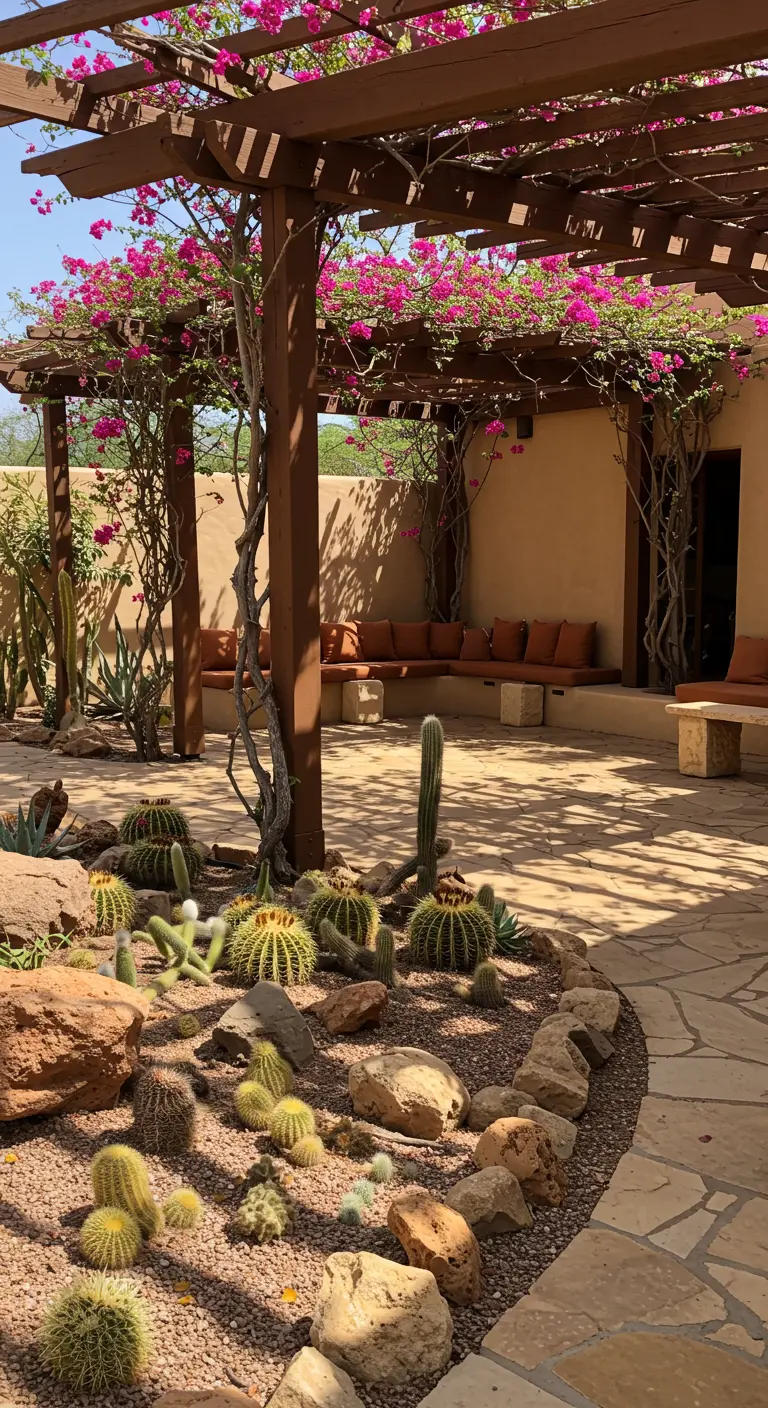 Grand patio avec pergola couverte de bougainvillier, jardin de cactus sur gravier et bancs intégrés.