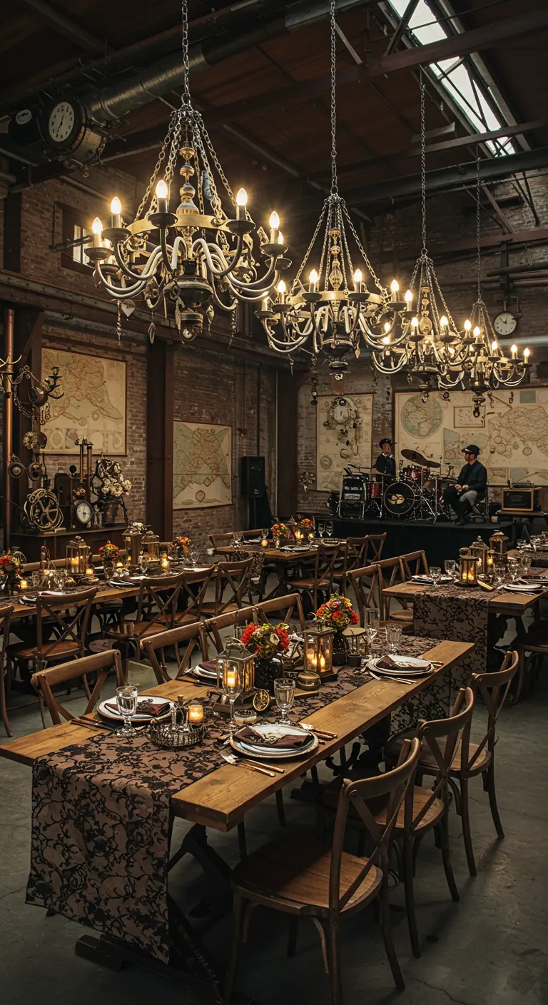 Salle Steampunk avec tables en bois, chemins de table en dentelle, lustres industriels, cartes anciennes.