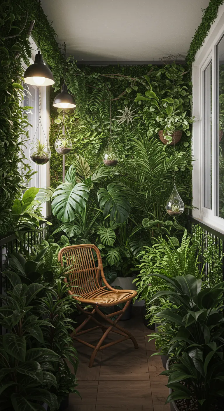 Balcon transformé en jungle luxuriante avec fougères, monstera, plantes suspendues et fauteuil en rotin.
