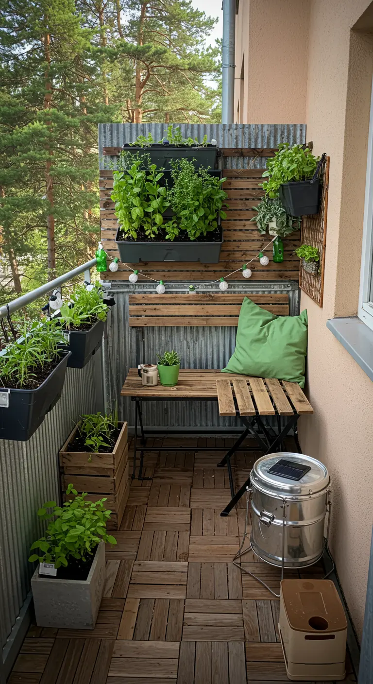 Balcon rustique urbain avec métal ondulé, bois, jardin vertical et mobilier compact.