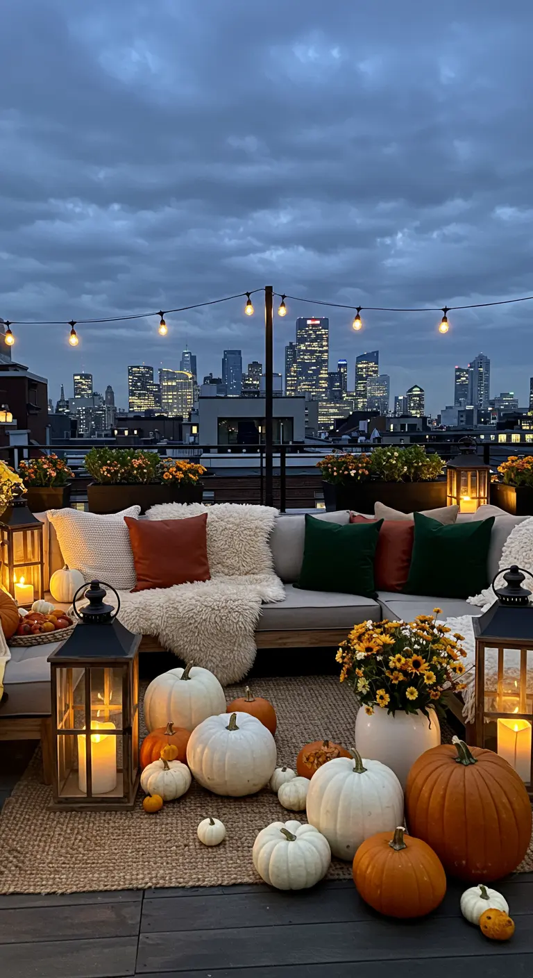 Terrasse sur le toit avec canapé, citrouilles blanches et oranges, lanternes, guirlande lumineuse et skyline.