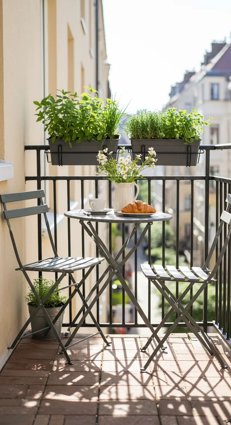 Balcon lumineux avec herbes aromatiques en jardinières de rambarde, table et chaises grises.