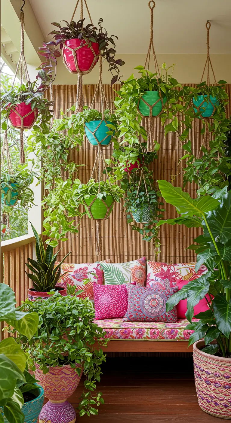 Balcon aux couleurs tropicales avec pots suspendus vifs, écran de bambou et banquette à coussins colorés.