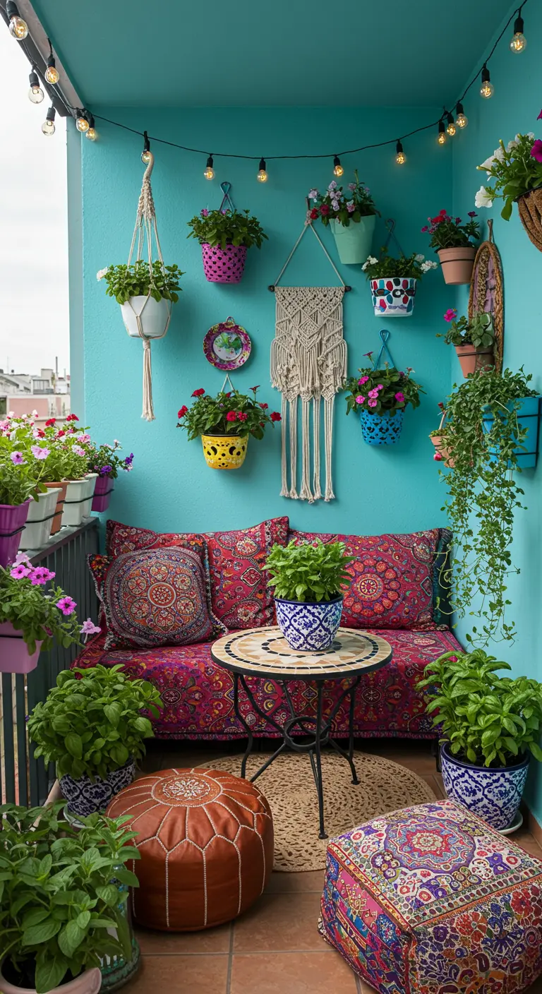Balcon bohème avec mur turquoise, suspensions macramé, pots colorés et coussins à motifs.