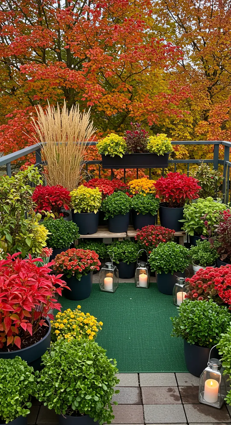Balcon rempli de pots de Coleus colorés, graminées ornementales et lanternes.