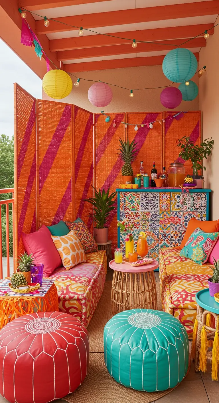 Terrasse vibrante avec un paravent orange, des coussins colorés, des poufs et des lanternes suspendues.