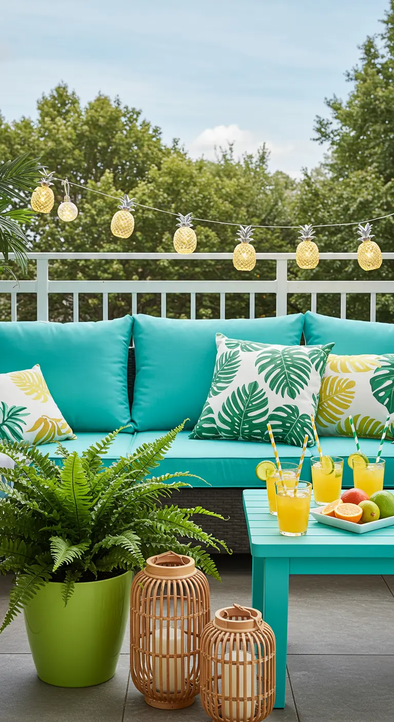 Balcon coloré avec canapé turquoise, coussins tropicaux, table basse et guirlande ananas.