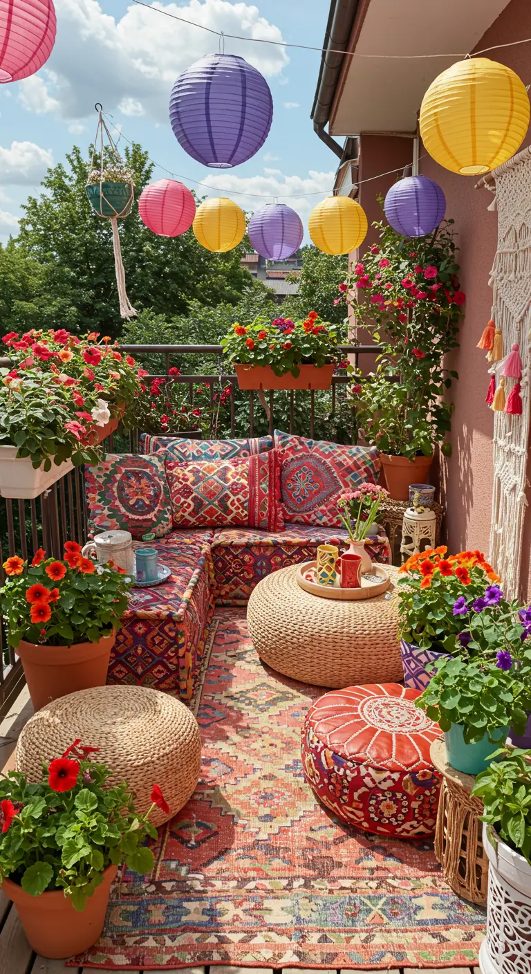 Balcon coloré avec lampions en papier, salon d'angle et fleurs abondantes