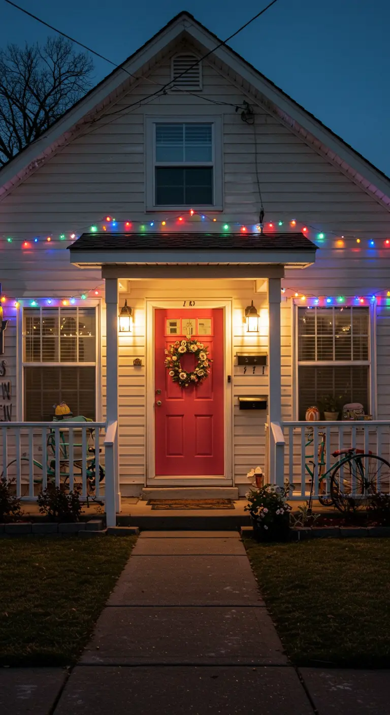Maison avec porte rouge et guirlandes lumineuses multicolores le long du toit et du porche.