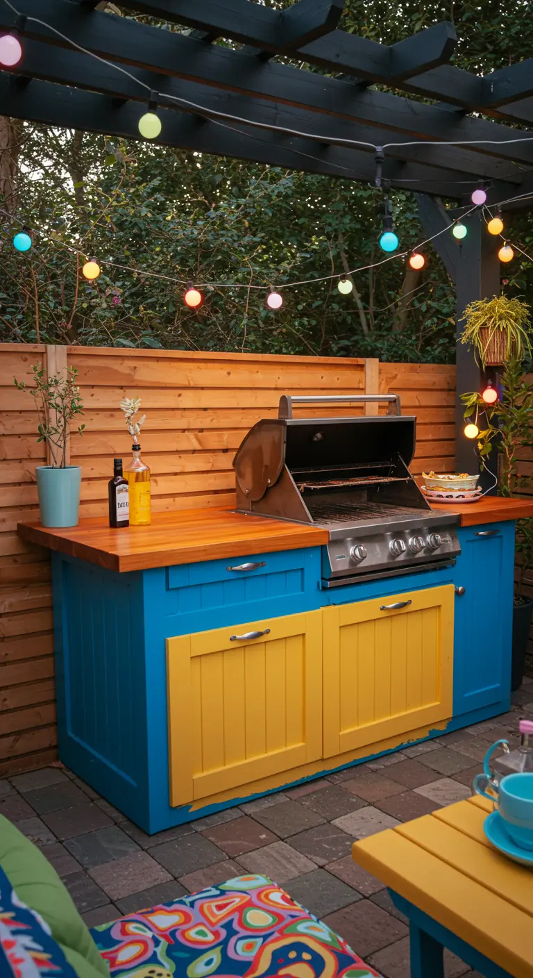 Cuisine extérieure colorée en bois bleu et jaune avec barbecue, comptoir en bois et guirlandes lumineuses.