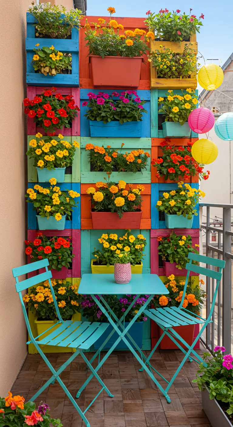 Mur végétal coloré en palettes avec pots et fleurs vives sur un petit balcon.