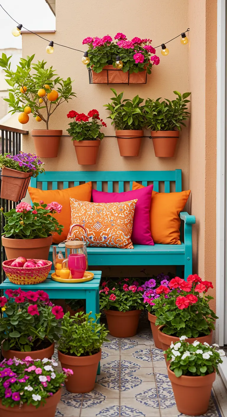 Balcon coloré avec banc bleu, coussins vifs, carreaux motifs et géraniums en pots.