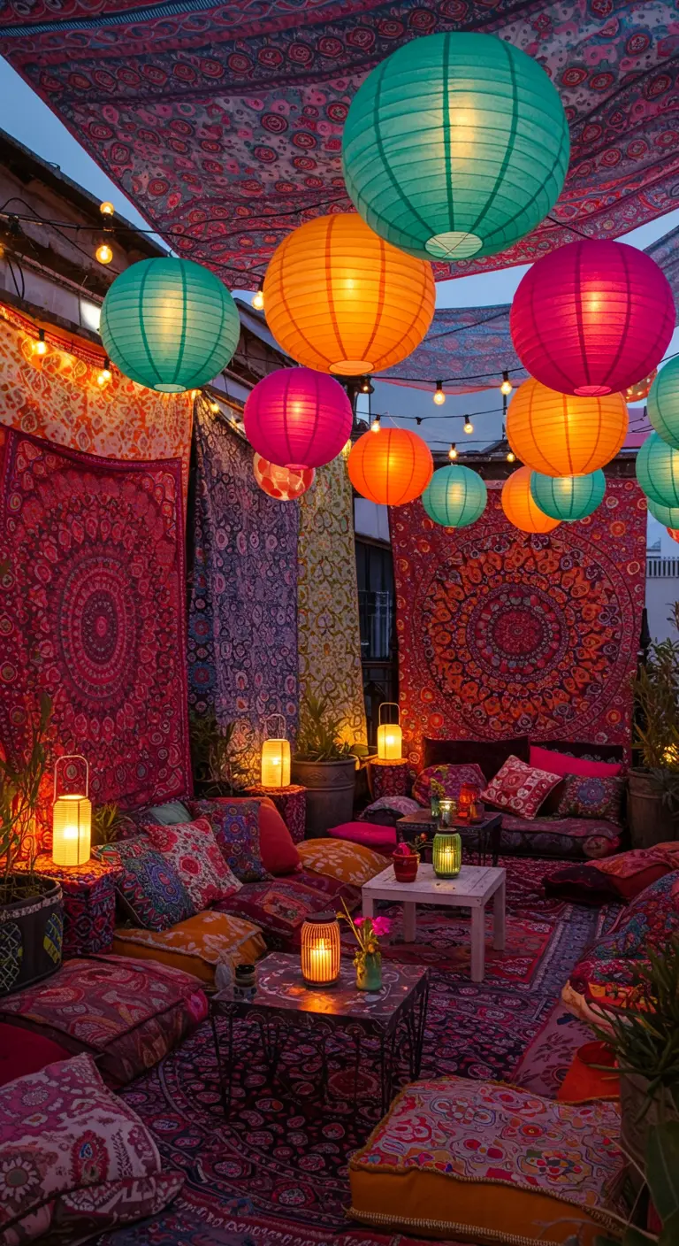 Terrasse bohème avec tentures murales colorées, nombreux lampions suspendus et coussins de sol.