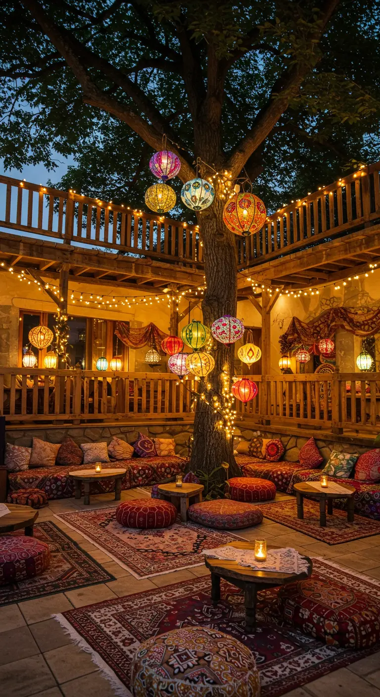 Cour bohème avec un arbre illuminé, des lanternes colorées et des coussins à motifs.
