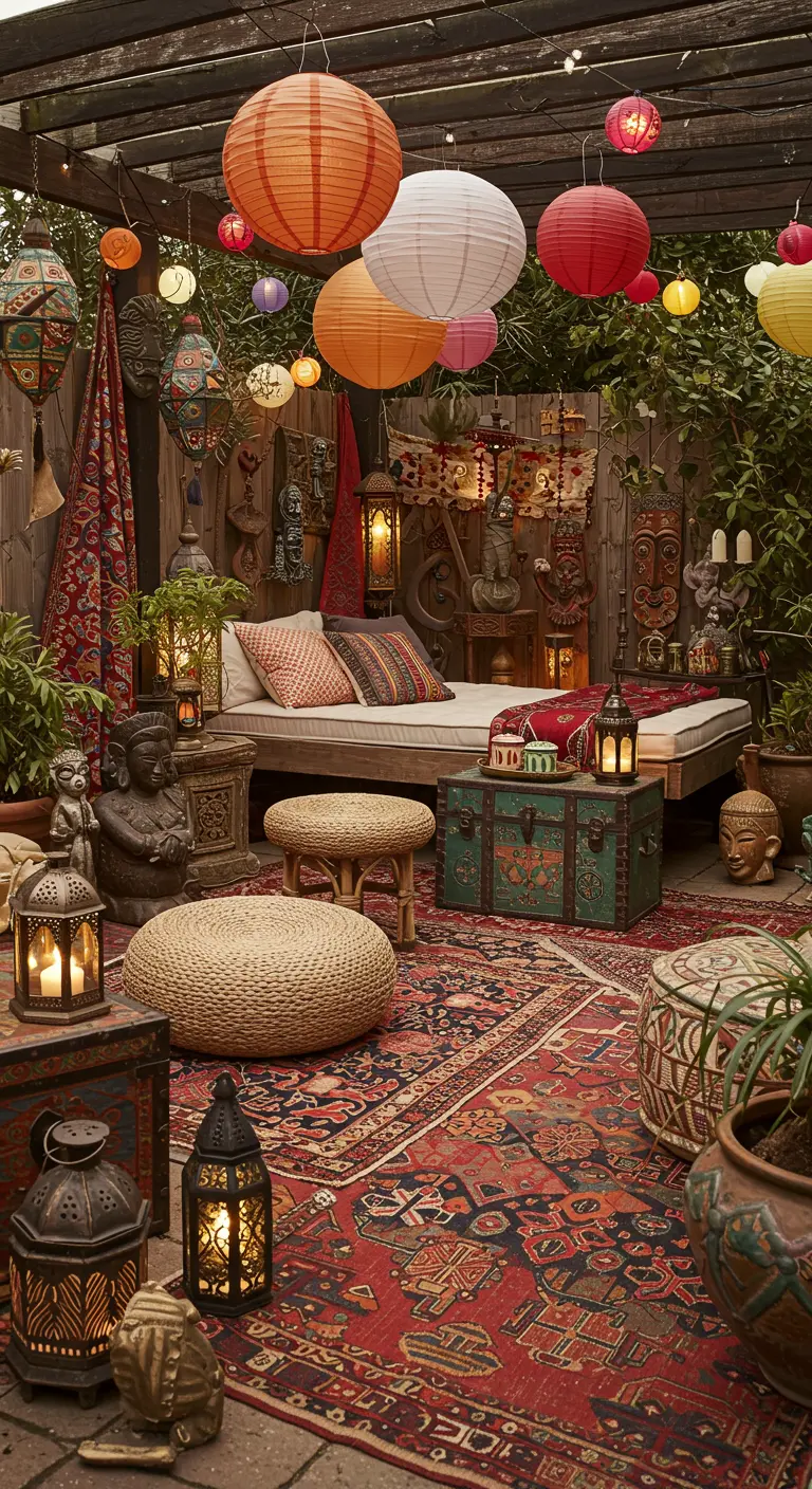 Terrasse exubérante avec lampions colorés, canapé, tapis superposés et décorations exotiques.