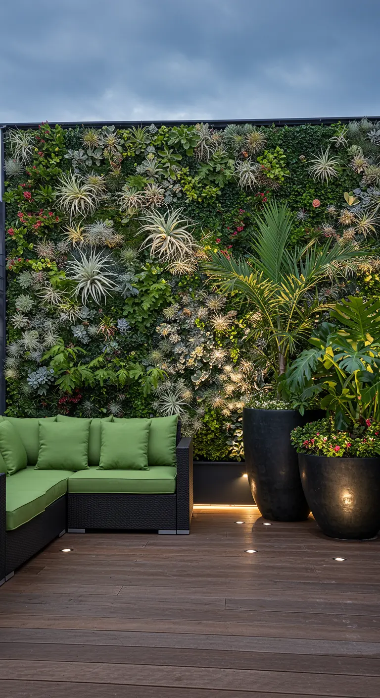 Grand patio avec mur végétal tropical, canapé vert, grands pots noirs et éclairage de sol.