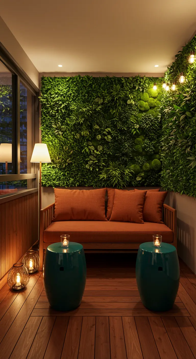 Balcon tropical avec mur végétal, canapé en rotin, coussins et tables d'appoint bleues-vertes.