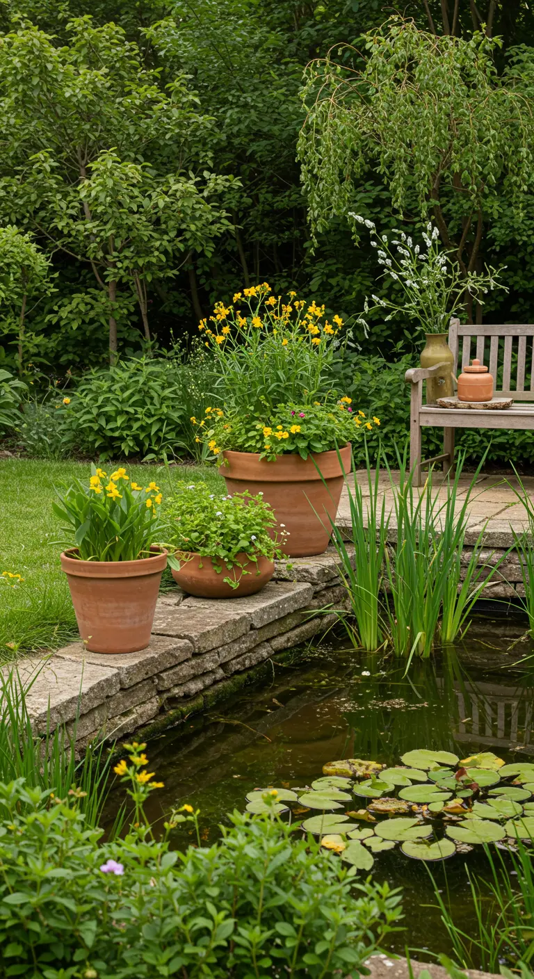 Petit étang de jardin bordé de nénuphars, de pots en terre cuite et d'un banc en bois.