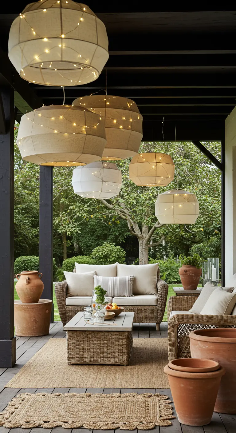 Patio couvert avec lampions tissés de couleur naturelle et guirlandes, mobilier minimaliste.