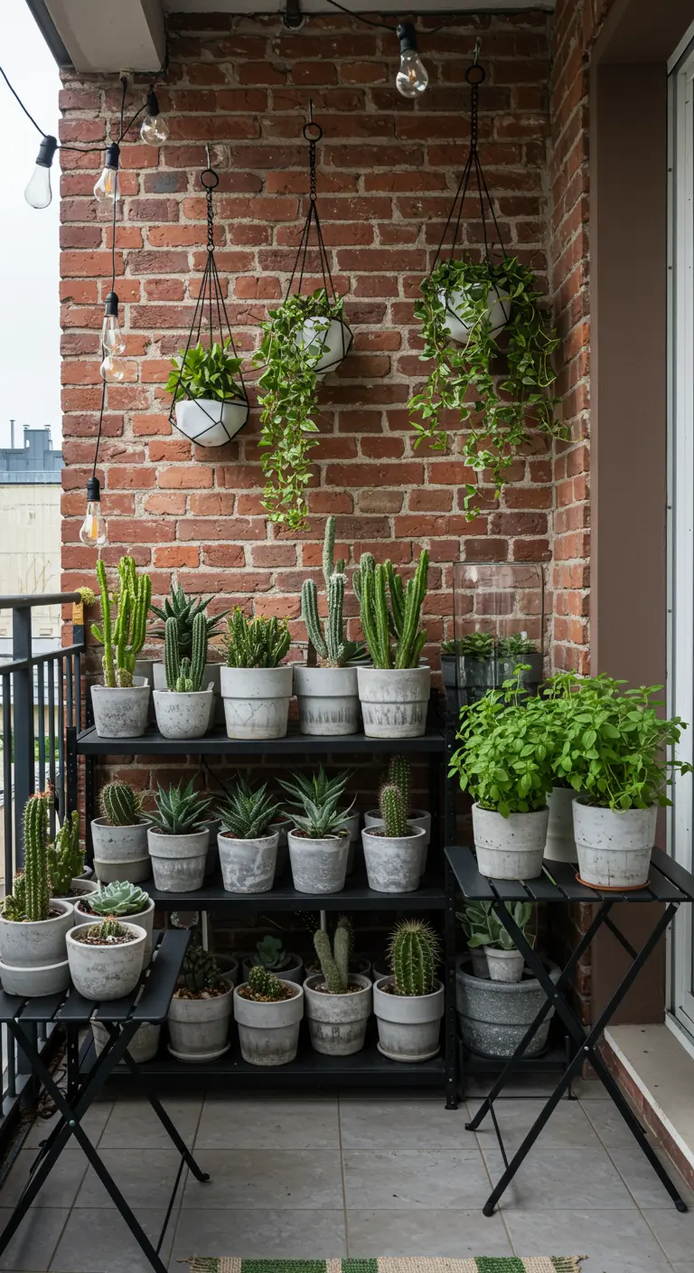 Balcon avec mur de briques, étagère industrielle de cactus, plantes suspendues et guirlandes.