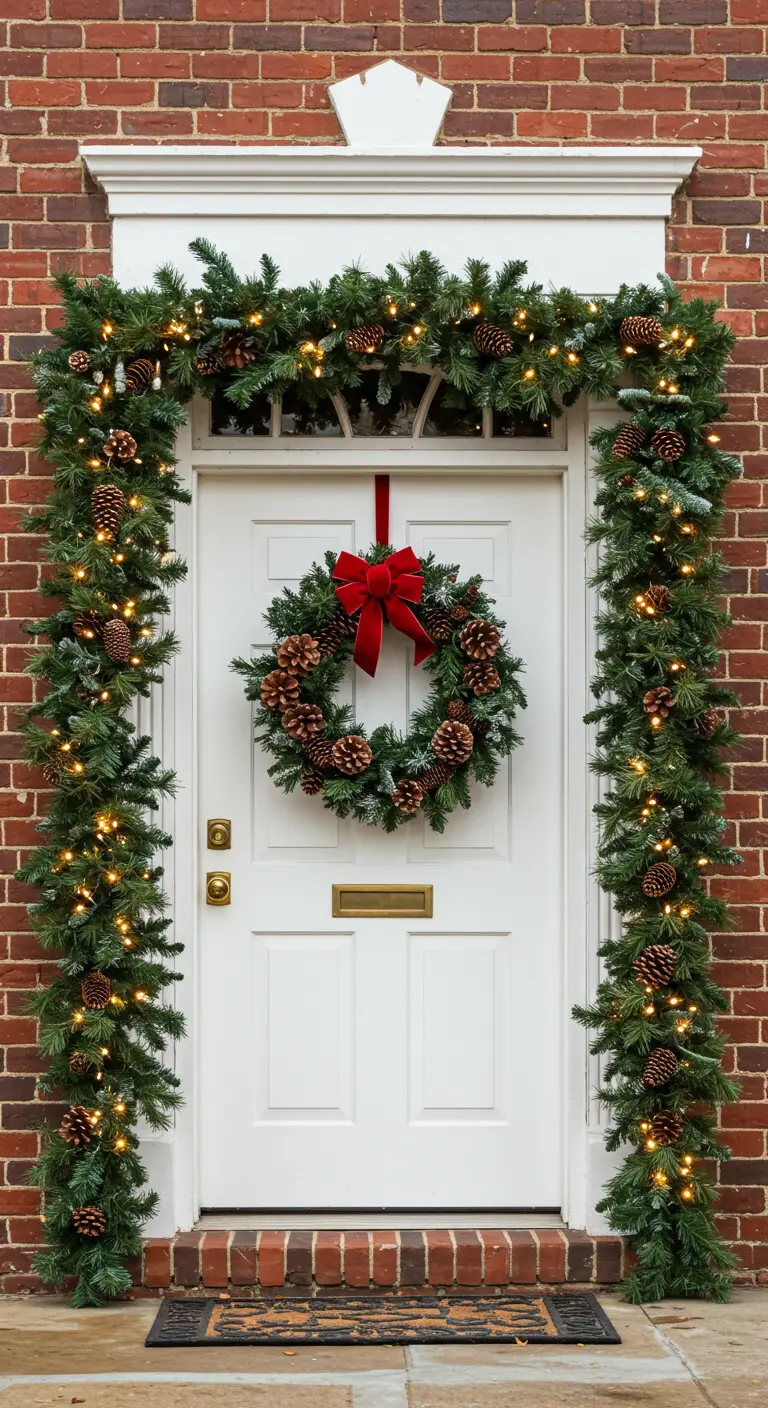 Porte blanche avec guirlande lumineuse, couronne de pommes de pin et ruban rouge.