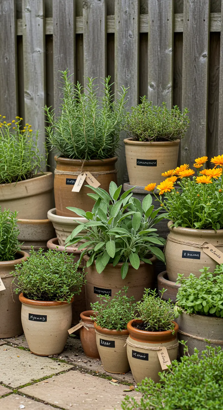 Assortiment de pots en terre cuite contenant des herbes aromatiques avec étiquettes.