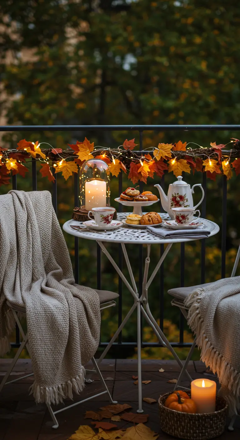 Balcon avec table bistro, service à thé, bougie sous cloche, plaid et guirlande lumineuse.