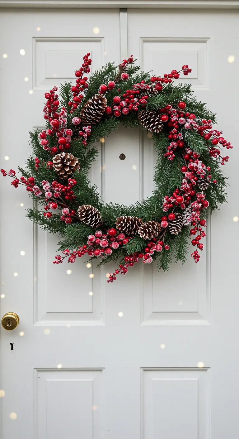Couronne dense de sapin givré, baies rouges et pommes de pin sur porte blanche.